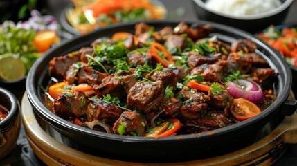 Fototapeta premium Authentic Omani Shuwa, a traditional Middle-Eastern dish of marinated meat slow-cooked to perfection in an underground sand oven, served in a large dish.
