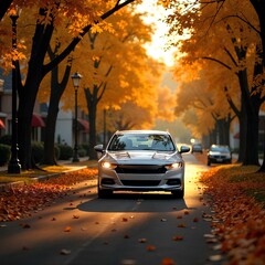 
A white car on the road, the background is the autumn atmosphere, trees, fallen leaves, autumn colors.