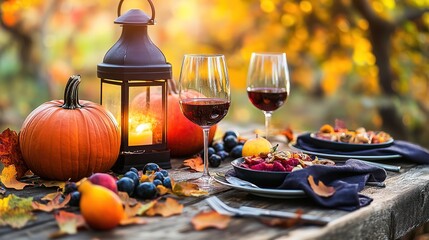 Beautiful Autumn dinner outdoor scene featuring a rustic wooden table decorated with pumpkins, glowing lanterns, and wine glasses. The table is set for a cozy evening meal