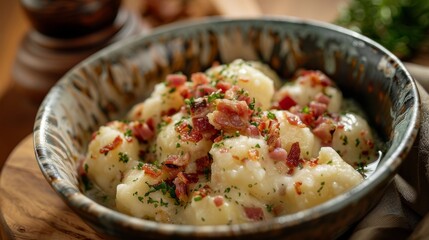 A close-up shot of a traditional Slovakian dish, bryndzovy halusky. The image showcases potato dumplings topped with sheep cheese and bacon served in a rustic bowl.