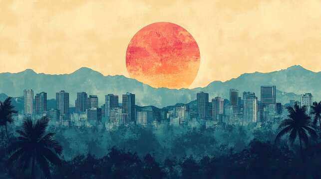 Maracay, Venezuela, color pen pencil hand-drawn effect drawing illustration for travel poster, card, wallpaper, backdrop or banner. Modern, clear, artistic and simple