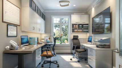 A home office designed for healthcare administrators, with organized files, digital patient management tools, and ergonomic seating.