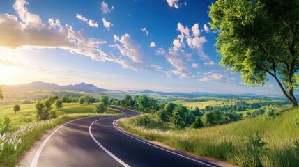 Scenic Highway Landscape Under Bright Blue Sky
