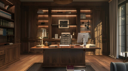 A home office designed for lawyers with a sleek, professional desk, organized case files, and tech tools for virtual meetings and research.