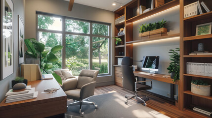 A home office designed for nonprofit leaders, with project management software, comfortable seating, and a dedicated space for virtual meetings.