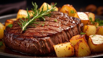 A plate with delicious steak and grilled potatoes.
