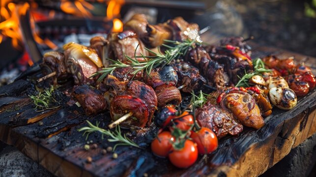 A traditional New Zealand hangi feast served on a platter, showcasing a variety of meats and vegetables cooked in an earth oven.