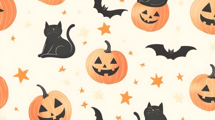 A playful Halloween pattern of pumpkins, cats curled up next to jack-o'-lanterns, and bats flying between stars, all in pastel orange on a soft cream background