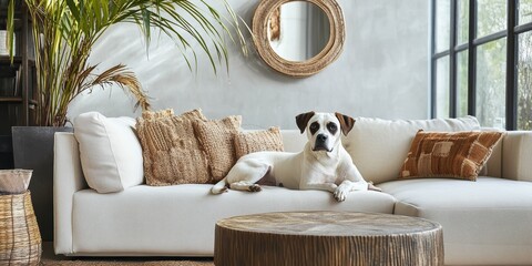 Stylish interior of living room with design modular sofa, furniture, coffee table, rattan decoration, plants and elegant accessories in modern home decor. Beautiful dog lying on the couch. 