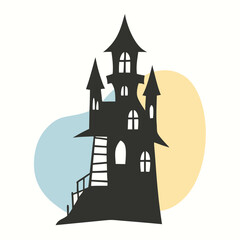 Obraz premium a black and white silhouette of a castle. The castle is tall and has multiple towers with pointed spires on top