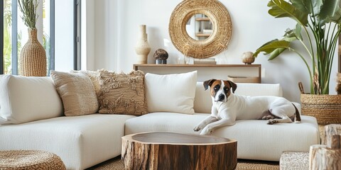 Stylish interior of living room with design modular sofa, furniture, coffee table, rattan decoration, plants and elegant accessories in modern home decor. Beautiful dog lying on the couch. 