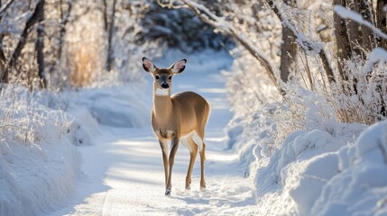 White-tailed deer in a frozen forest, gracefully moving through the winter snow, showcasing the beauty of nature in cold weather