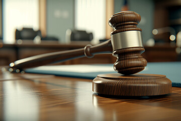 A gavel being raised high in the courtroom, symbolizing both justice. 3d illustration.