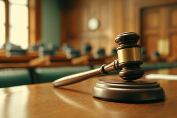 A gavel being raised high in the courtroom, symbolizing both justice. 3d illustration.