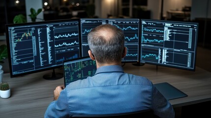 A determined young man in glasses is engaged with his laptop, examining stock market charts and simultaneously creating a logo using a graphic tablet in a busy office