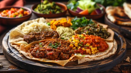 Fototapeta premium Traditional Ethiopian injera platter, featuring a variety of spicy stews and vibrant vegetable sides, showcasing the rich flavors of African cuisine.
