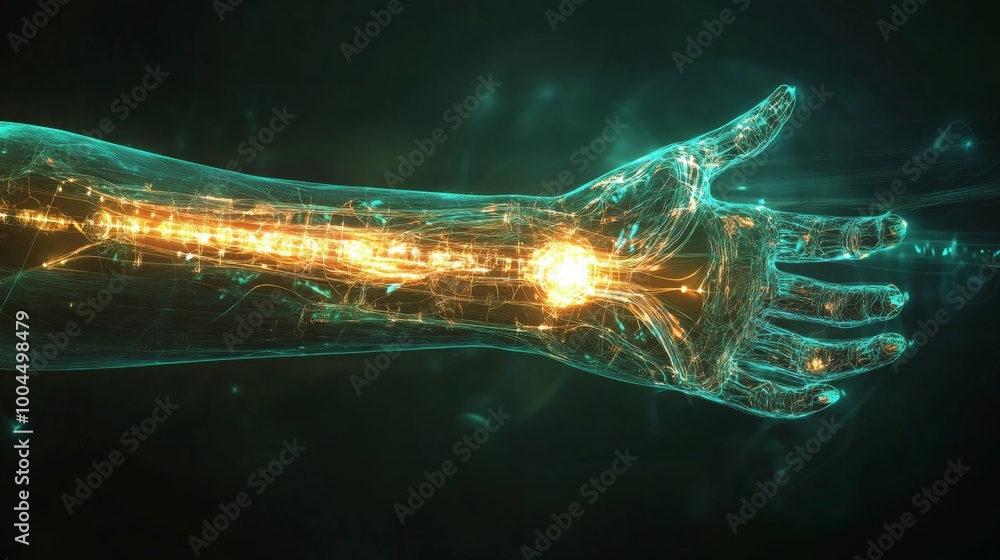 Poster A glowing, transparent hand with veins of light extends from the left side of the frame. The hand is outlined in teal and illuminated from within with a warm, yellow glow