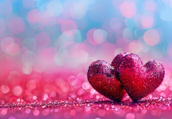 Fototapeta premium Sparkling Red Hearts on Pink Glitter Background