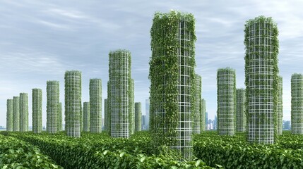 Fototapeta premium Green towers rise in a futuristic city.