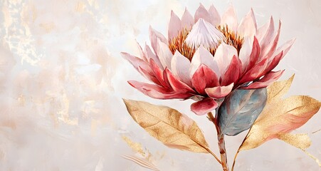A delicate floral painting features a soft pink bloom with gold, set against a textured beige background. 