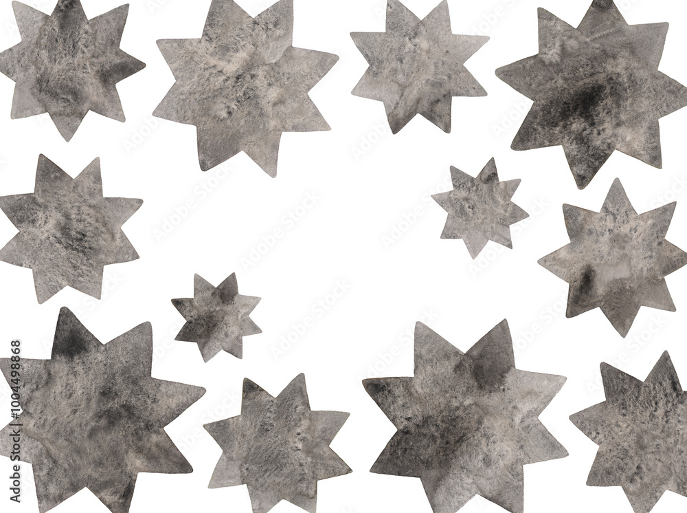 Wall mural watercolor abstract black stars with shapes on a white background.