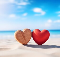 Fototapeta premium Romantic Wooden Hearts on Sandy Beach