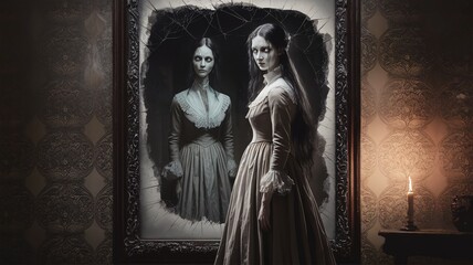 Ghostly Woman in Victorian Dress Gazing into a Cracked Haunted Mirror