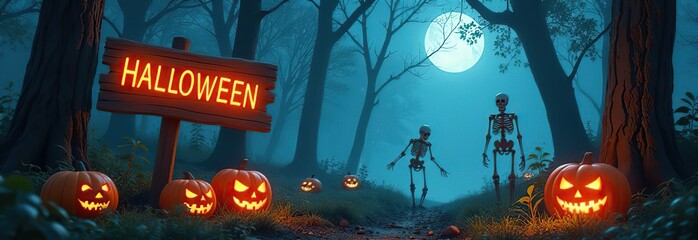 Halloween Card Party - Pumpkins And Zombies In Graveyard With Wooden Board