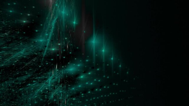futuristisches symmetrisches Netzwerk aus hellen Lichtern, Datentransfer, Technologie, Informationsfluss, Wissenschaft, digital, Muster, gr&uuml;n
