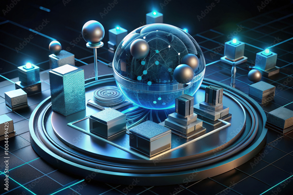 Aufkleber a futuristic digital landscape featuring a glowing globe amidst server towers and geometric shapes i