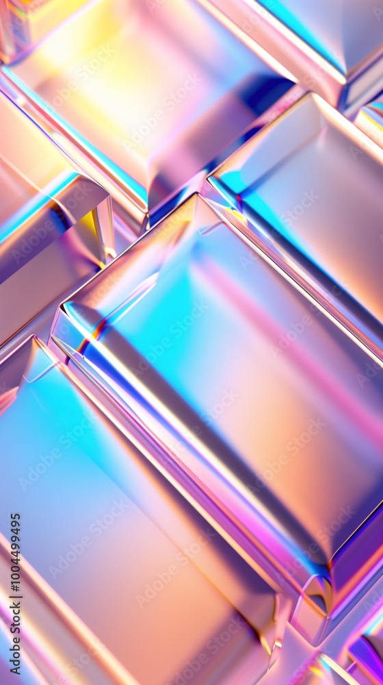 Poster holographic geometric patterns in layered design background.