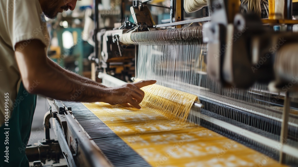 Aufkleber worker operating a textile weaving machine in a busy factory during daylight hours