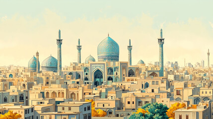 Naklejka premium Mashhad, Iran, color pen pencil hand-drawn effect drawing illustration for travel poster, card, wallpaper, backdrop or banner. Modern, clear, artistic and simple