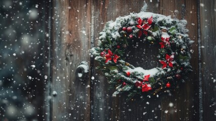 Snowy Christmas Wreath Adorned with Red Flowers on a Rustic Wooden Door