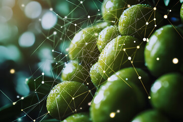 background featuring fresh olives, intertwined with modern data connections, symbolizing the fusion of nature and technology, highlighting innovation in agriculture and food production.