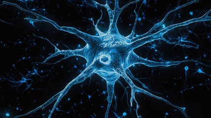 Fototapeta premium A 3D rendering of a glowing blue neuron against a dark background.