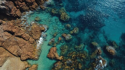 Obraz premium Breathtaking aerial view of crystal clear waters revealing rocky seabed and tranquil coastal scenery under bright sunlight