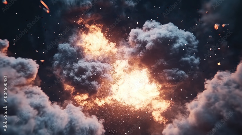 Poster explosive energy erupts through turbulent clouds in a dramatic display of light and color during a d