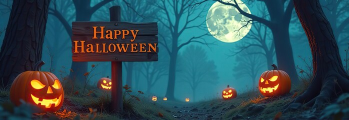 Halloween Card Party - Pumpkins And Zombies In Graveyard With Wooden Board