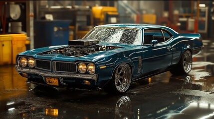 Classic Blue Muscle Car in a Garage