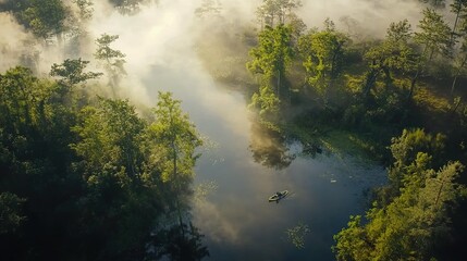 A tranquil morning paddle through misty waters surrounded by lush green trees in serene nature