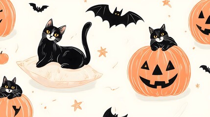 Pumpkins with star-shaped carvings, cats lounging on pillows, and bats flying with long tails, all in soft pastel orange on a cream background with subtle brush strokes