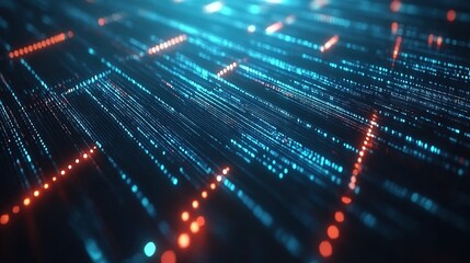 Abstract representation of vibrant data streams glowing in blue and orange tones amidst a digital landscape at night