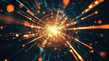 Naklejka premium Dynamic burst of light and energy radiating from a central point in a cosmic and futuristic background at twilight