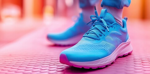 Close-up of men's blue and purple running shoes in bright light outdoors