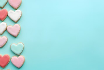 Obraz premium Pastel Turquoise Background with Heart Cookies for Valentine's Day