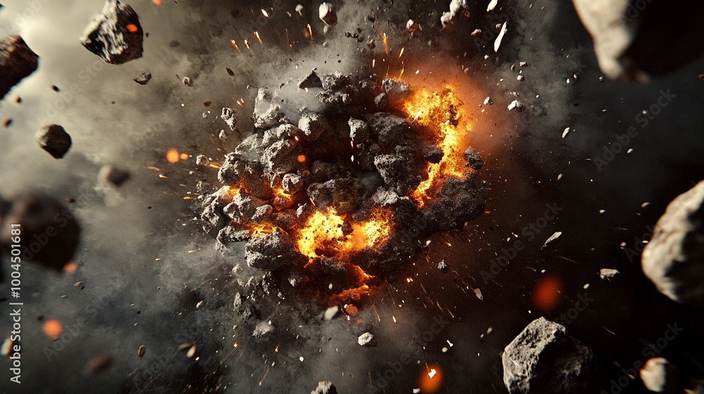 Poster an explosive collision of fiery rocks creating a mesmerizing spectacle in a dark, smoky environment