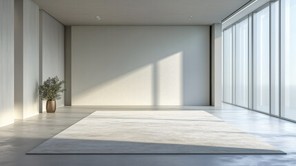 Fototapeta premium A minimalist living room featuring a large, cream-colored rug on an empty concrete floor. The walls are smooth and light, creating a spacious, open feeling