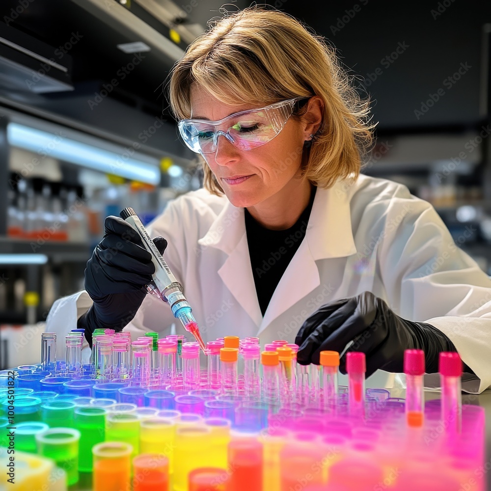 Poster scientist preparing colorful samples in laboratory setup