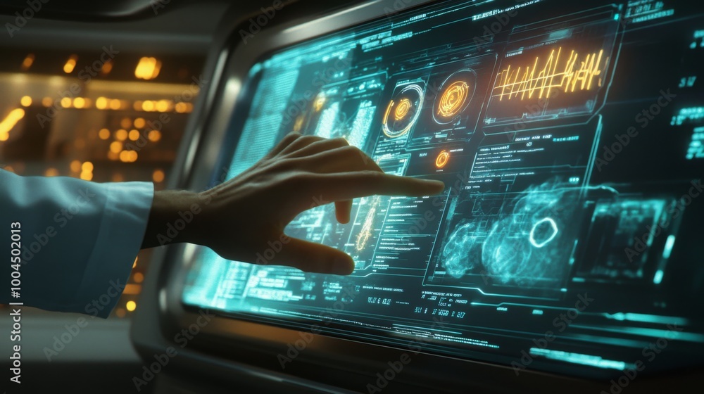 Poster In a dimly lit control room, an individual is using a touchscreen interface displaying intricate data and graphics